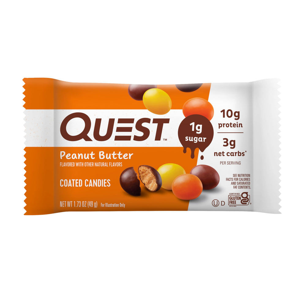 Quest coated candies peanut butter gym-bag, quick recovery snack after workouts.