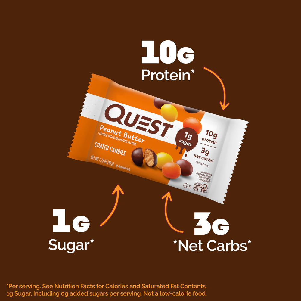 Quest coated candies peanut butter textured shell, appealing bite with protein boost.