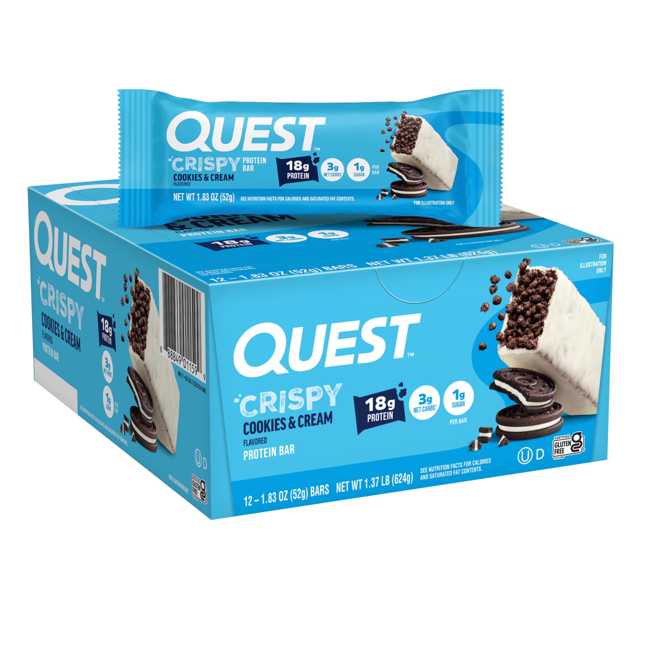Quest Cookies and Cream Crispy Bar exterior cream coating enhances indulgent flavor and texture.