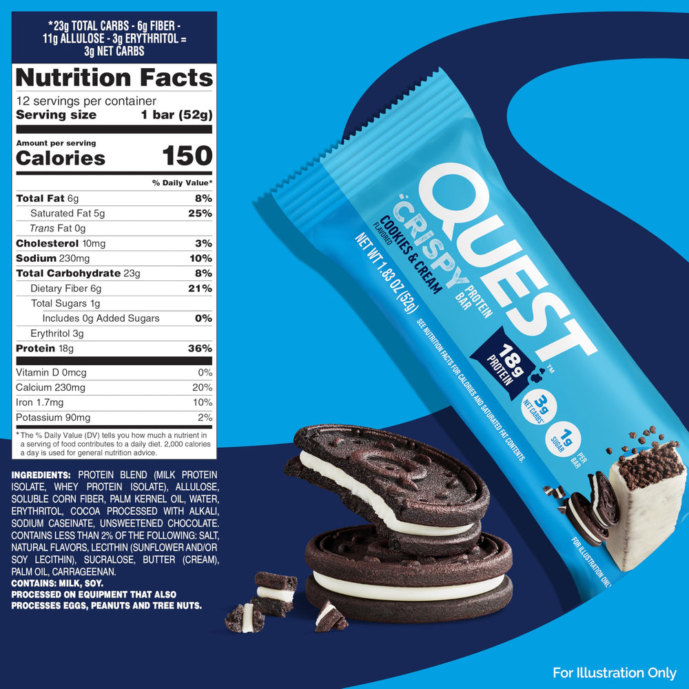 Quest Cookies and Cream Crispy Bar gluten-free label visibility.