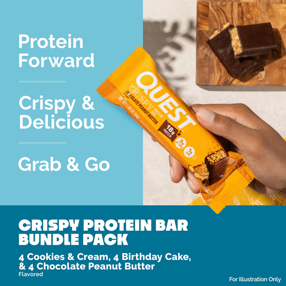 Quest Crispy variety pack carton – open display of 12 bars for versatile snacking.