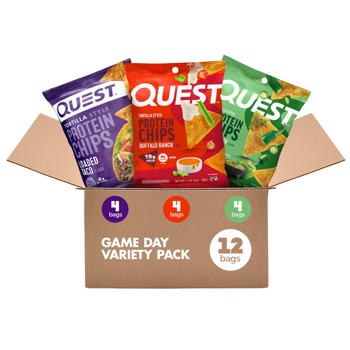 Quest Game Day Buffalo Ranch chips close-up with bold crunch for a protein snack.