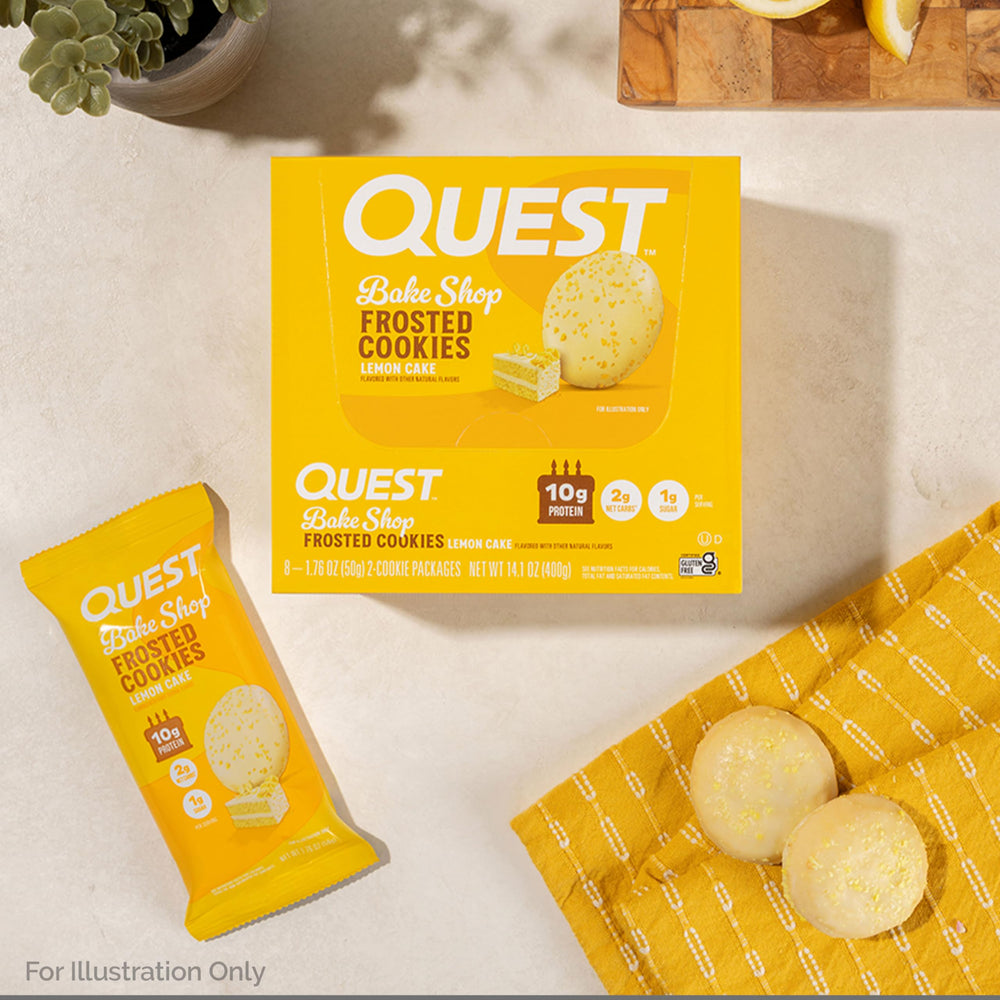 Quest Frosted Lemon Cake nutrition graphic showing 10g protein and 2g net carbs