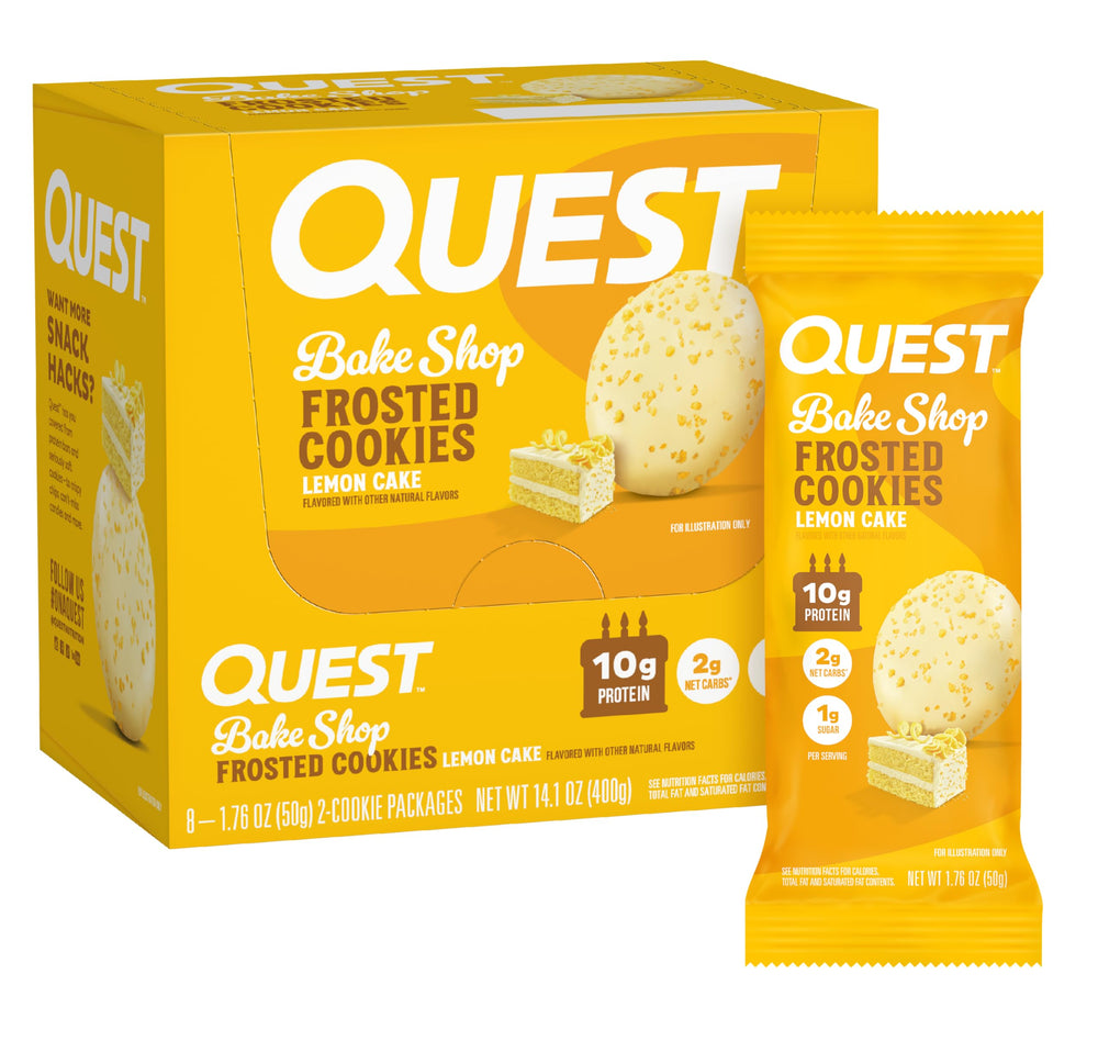 Quest Frosted Lemon Cake twin pack cookie close-up showing soft center and lemon frosting