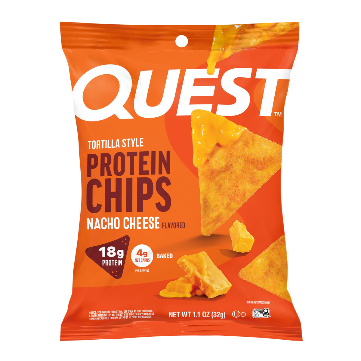 Quest Nacho Cheese tortilla-style chips close-up crunch, high-protein snack.