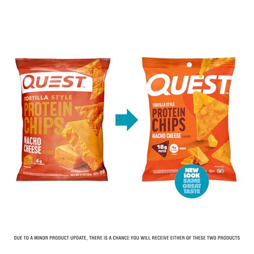 Quest Nacho Cheese tortilla-style chips serving bowl, gluten-free protein option.