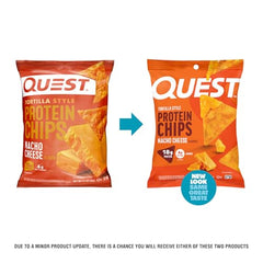 Quest Nacho Cheese tortilla-style chips serving bowl, gluten-free protein option.
