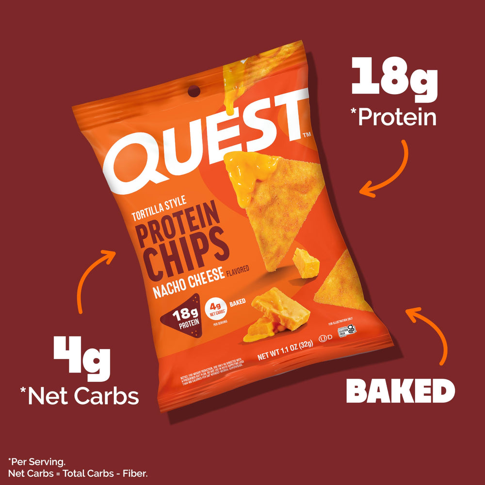 Quest Nacho Cheese tortilla-style chips taco night setup, protein-forward snack.