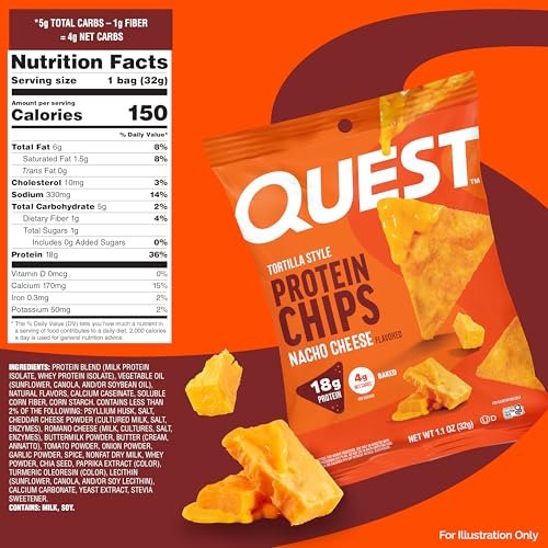 Quest Nacho Cheese tortilla-style chips 12-pack on table, convenient party snack.