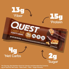Quest Peanutty Caramel Bar nougat closeup highlights gooey caramel and crunch.