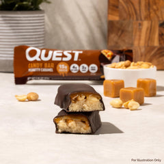 Quest Peanutty Caramel Bar nutrition panel shows 15g protein and low sugar.