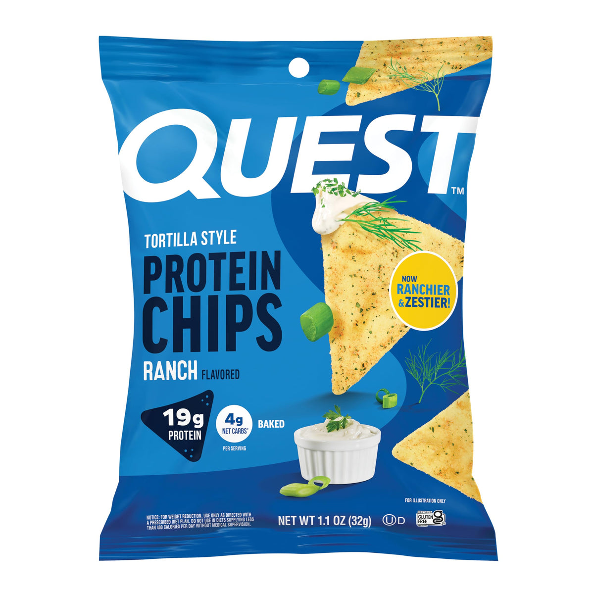 Quest Ranch Tortilla Style Protein Chips 12-pack box for grab-and-go protein snack