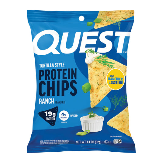 Quest Ranch Tortilla Style Protein Chips 12-pack box for grab-and-go protein snack