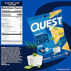 Single-serving 1.1oz pouch of Quest Ranch Tortilla Style Protein Chips for portion control