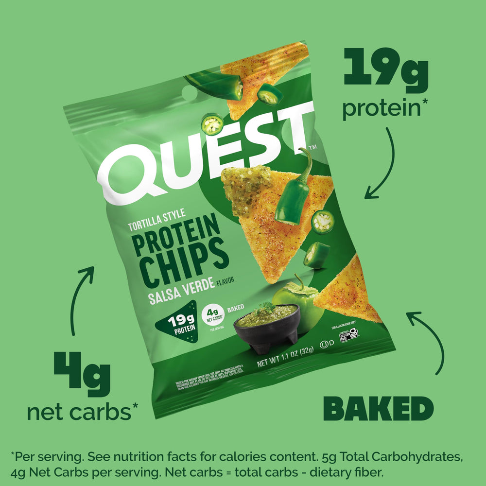 Quest Salsa Verde bag close-up with nutrition panel, emphasizing gluten-free and low net carbs