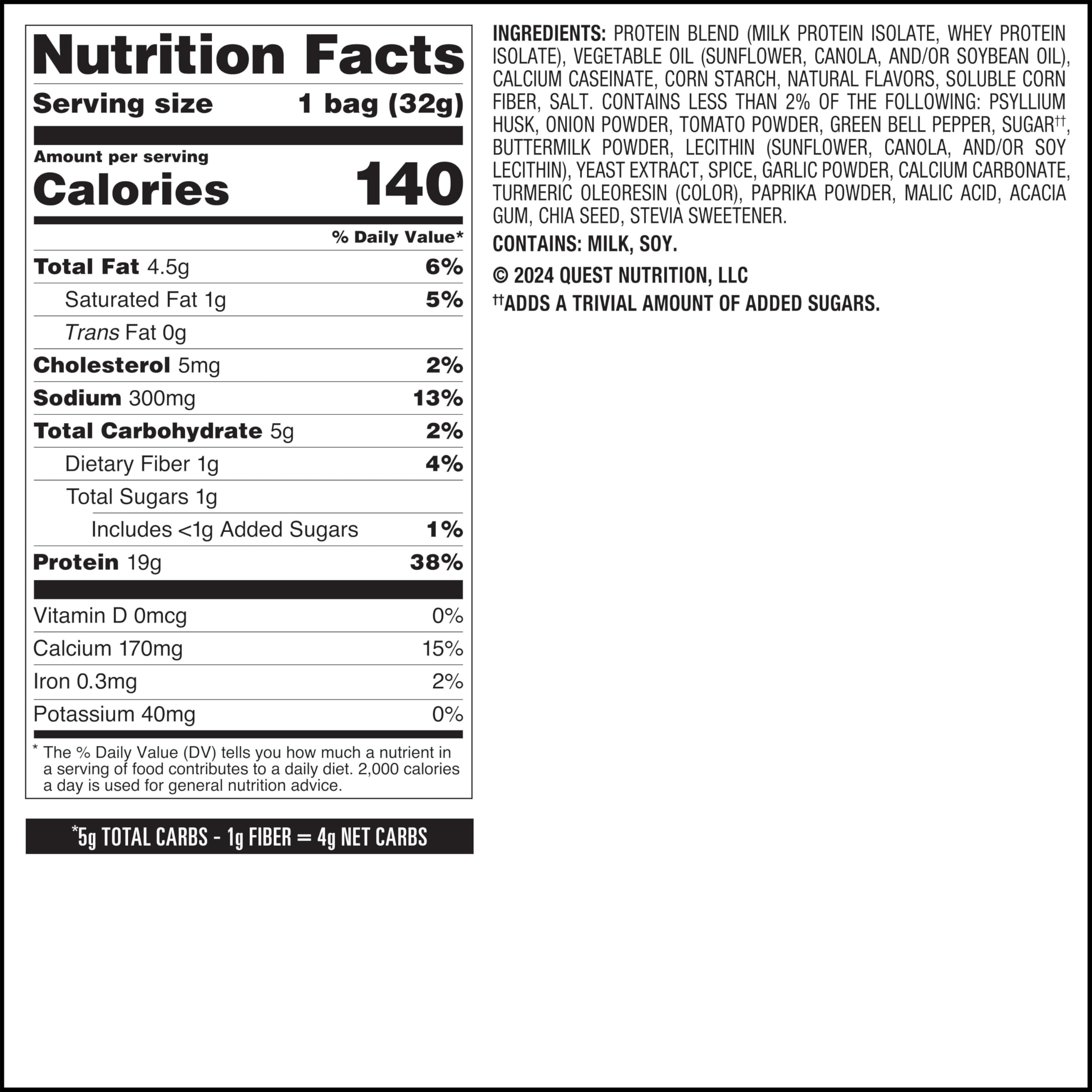 Quest Salsa Verde nutrition facts highlighting 19g protein and 4g net carbs