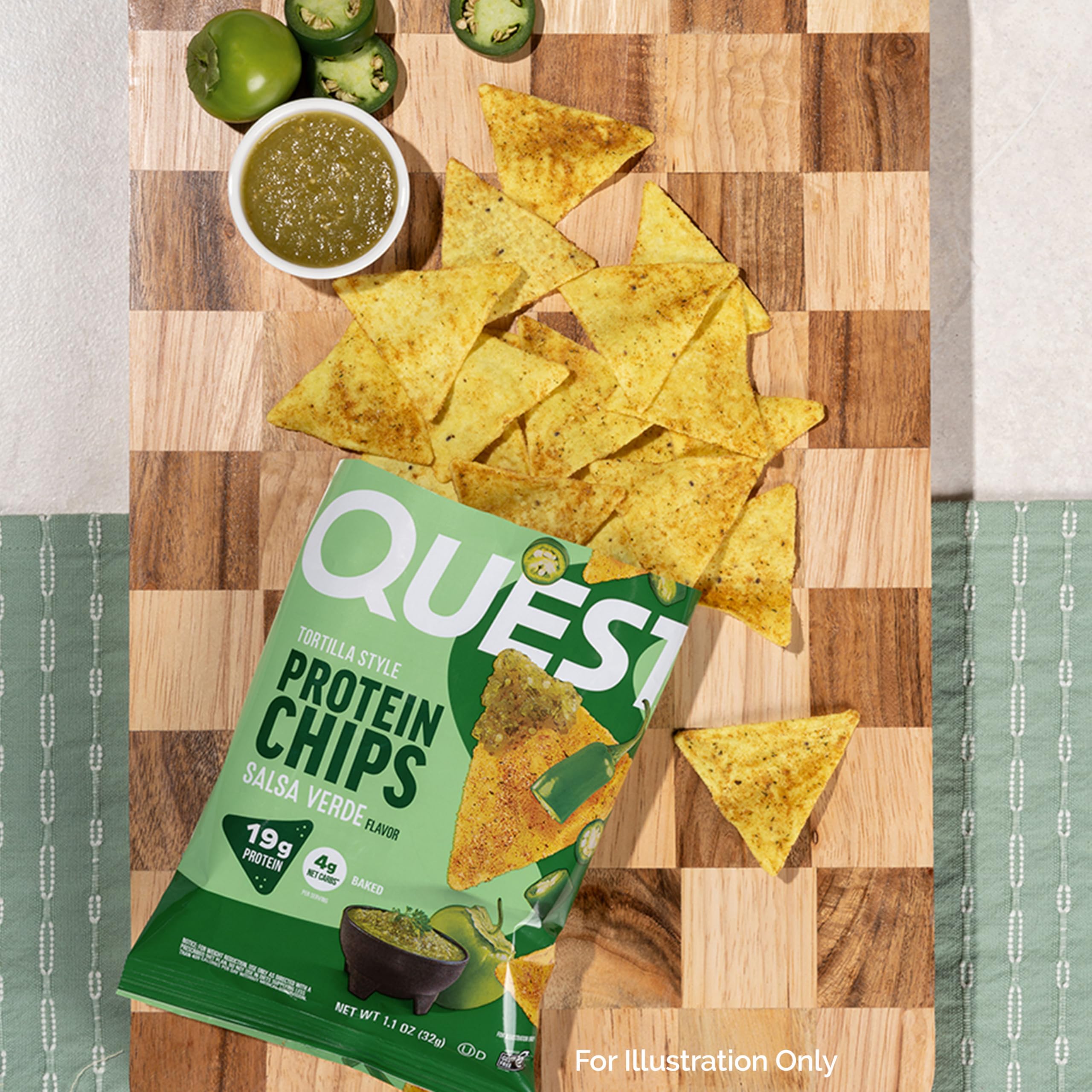 Quest Salsa Verde serving-size shot focusing on 1.1oz single-serve packs