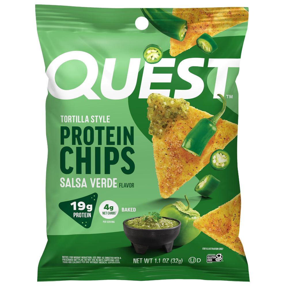 Quest Salsa Verde tortilla chips front pack showing bold flavor and 19g protein per serving