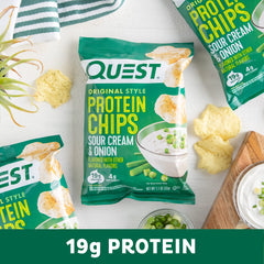 Quest Sour Cream & Onion chips in backpack ideal for workouts and travel.