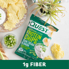 Quest Sour Cream & Onion chips beside a gym water bottle ready for a gym break.