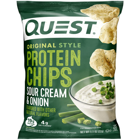 Quest Sour Cream & Onion protein chips packaging front highlighting protein-packed nutrition for on-the-go snacking.