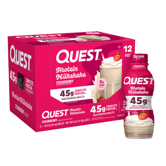 Quest Strawberry Protein Shake bottle showcases convenient ready-to-drink nutrition and flavor.
