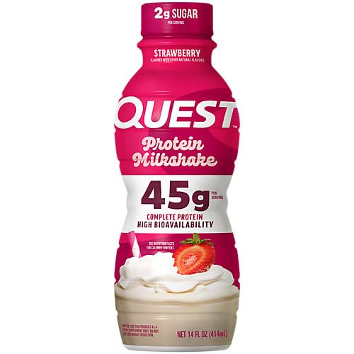 Quest Strawberry Protein Shake glass with straw conveys on-the-go protein snacking.