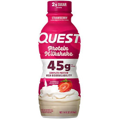 Quest Strawberry Protein Shake glass with straw conveys on-the-go protein snacking.