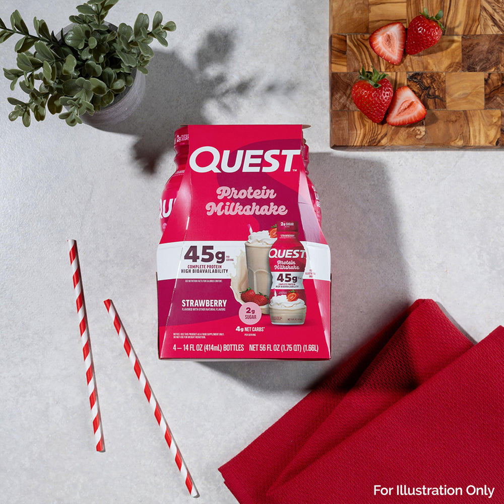 Quest Strawberry Protein Shake ingredients card notes ultrafiltered nonfat milk base.