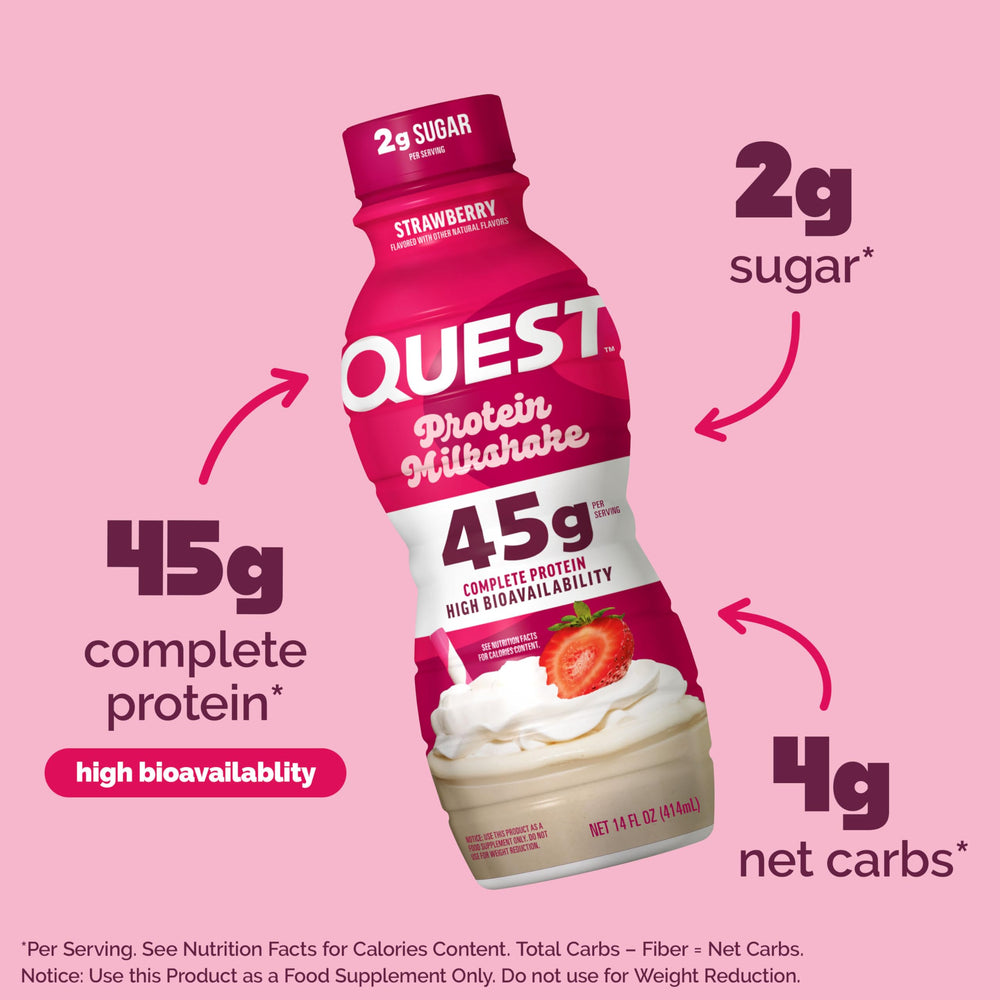 Quest Strawberry Protein Shake pour captures smooth, fruity texture ideal after workouts.