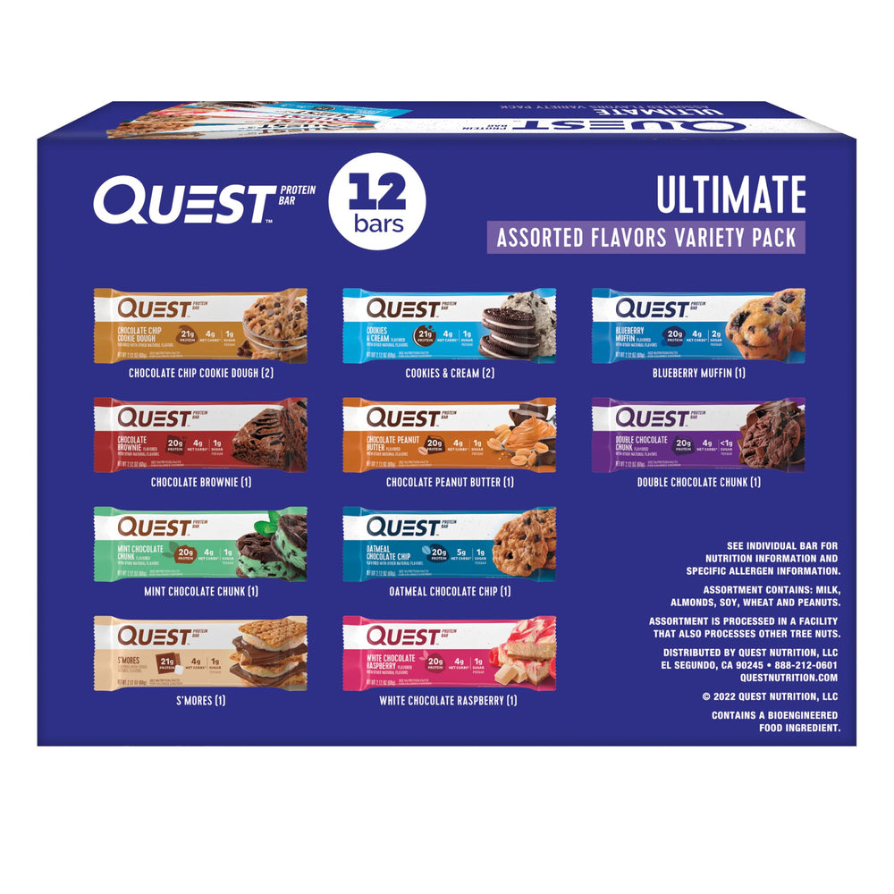 Quest Ultimate Variety Pack box displaying all flavors for easy snacking