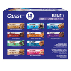 Quest Ultimate Variety Pack box displaying all flavors for easy snacking