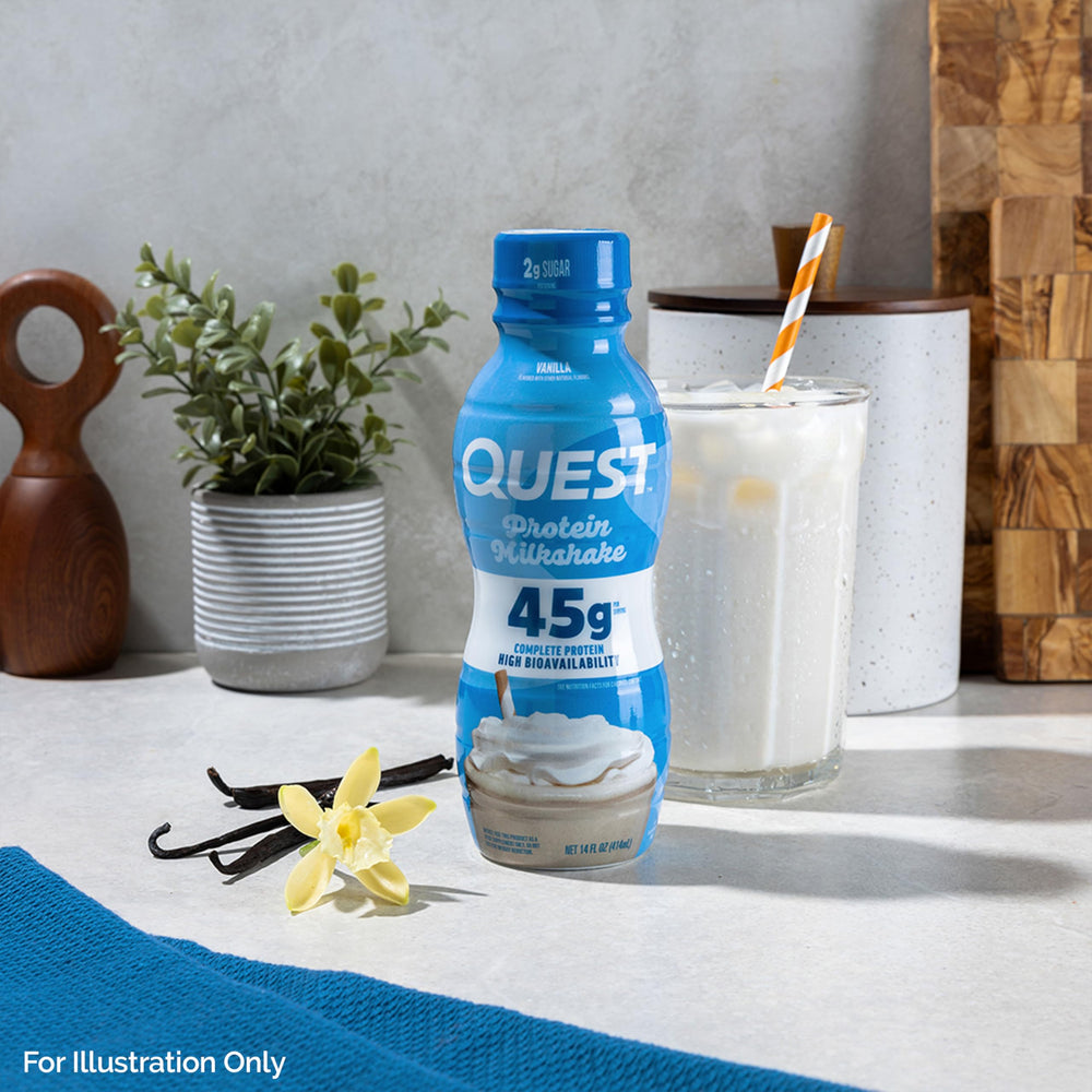 Quest Vanilla Protein Shake ingredients close-up underscores ultrafiltered milk quality.