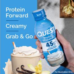 Quest Vanilla Protein Shake label emphasizes 45g protein and 2g sugar per serving.