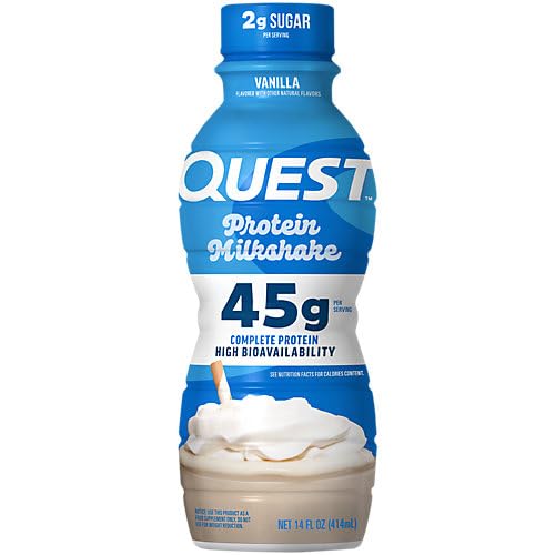 Quest Vanilla Protein Shake 12-count packaging on shelf signals gluten-free, high-protein option.