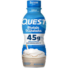 Quest Vanilla Protein Shake 12-count packaging on shelf signals gluten-free, high-protein option.
