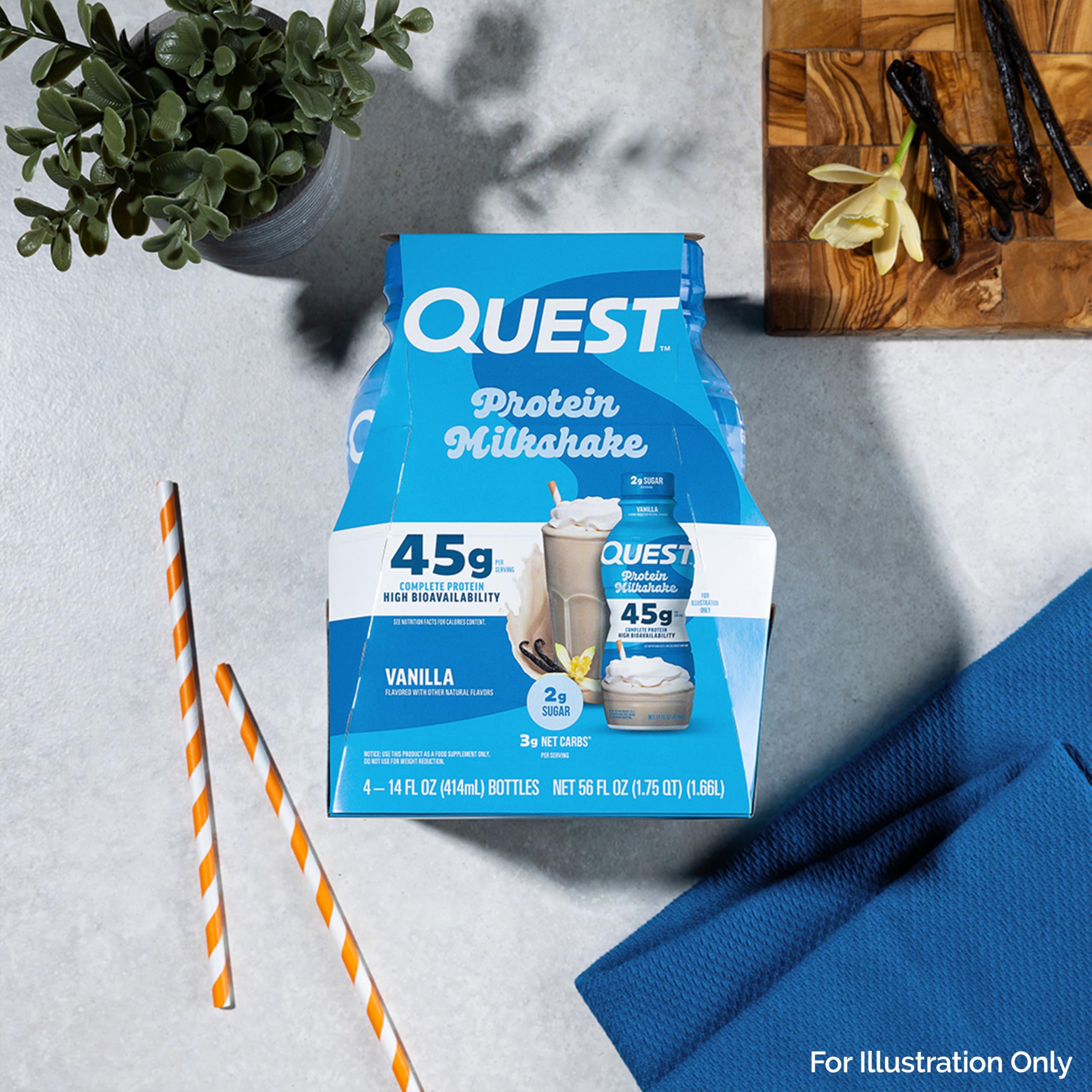 Quest Vanilla Protein Shake scoop beside bottle for convenient ready-to-drink reference.
