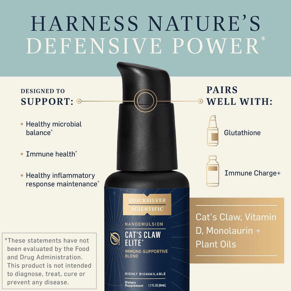 Quicksilver Scientific Cat's Claw label closeup shows vegan, non-GMO formula