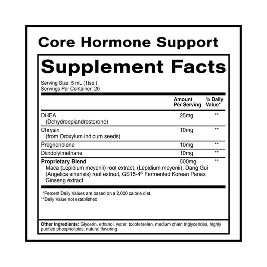 Quicksilver Core Hormone Support bottle pour highlights easy dosing for everyday energy.