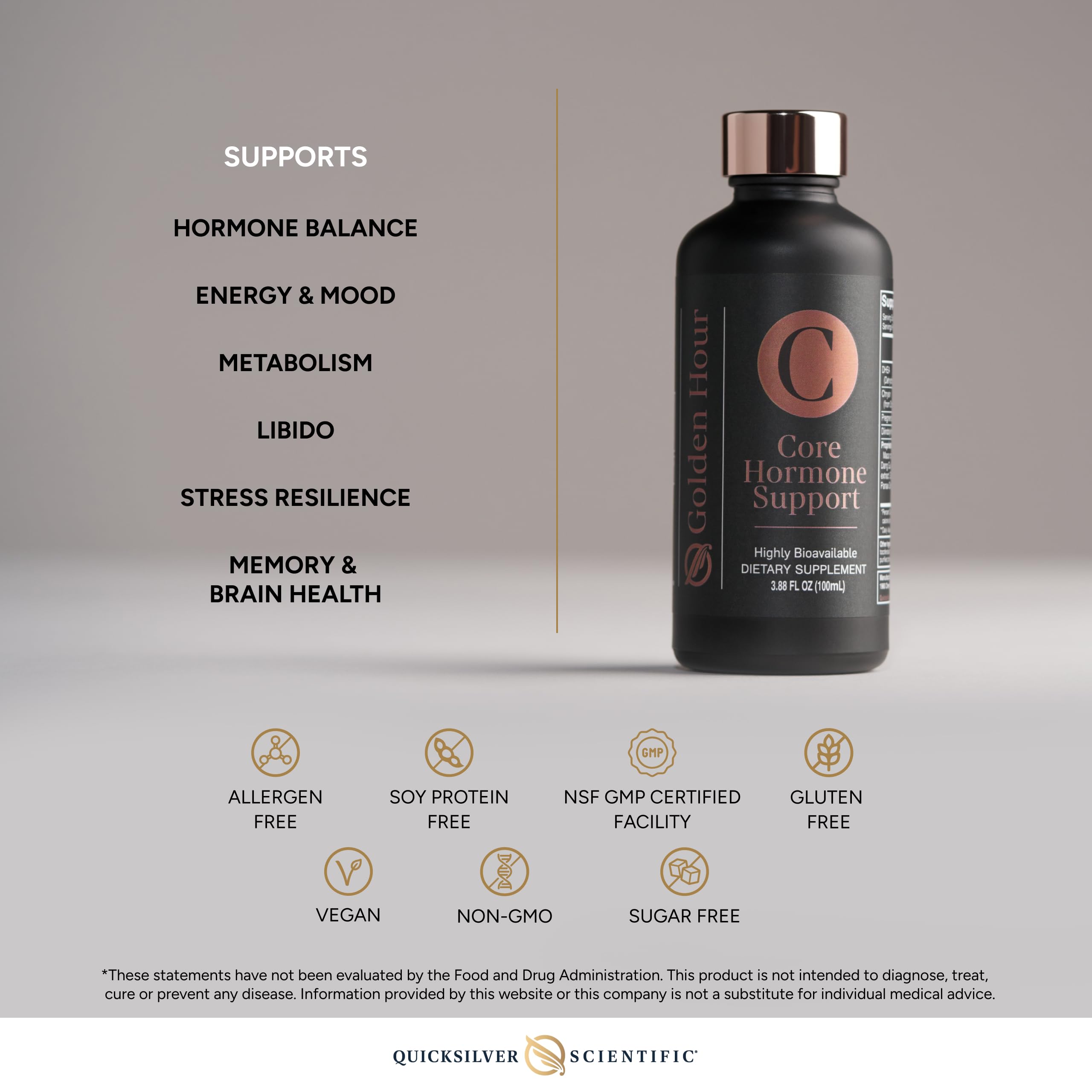 Quicksilver Core Hormone Support ingredient profile with DHEA and pregnenolone.