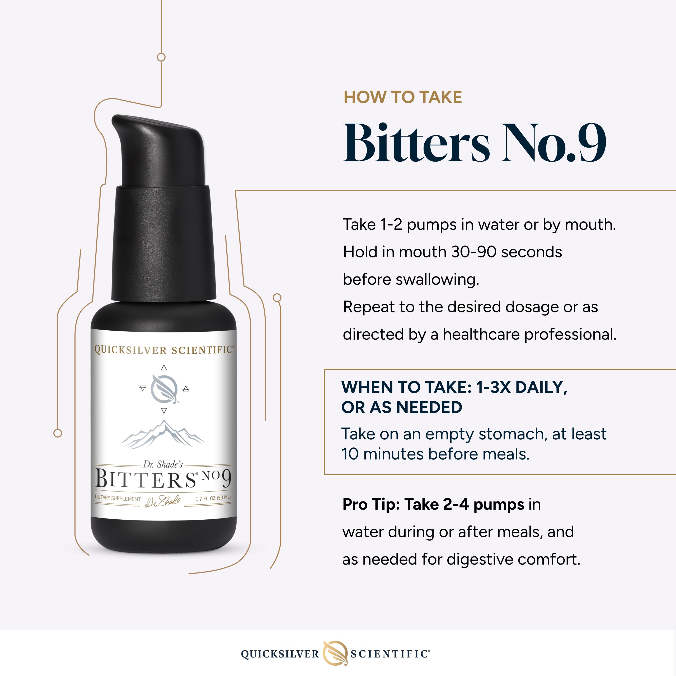 Quicksilver Dr. Shade's Bitters No. 9 in use with a glass of water