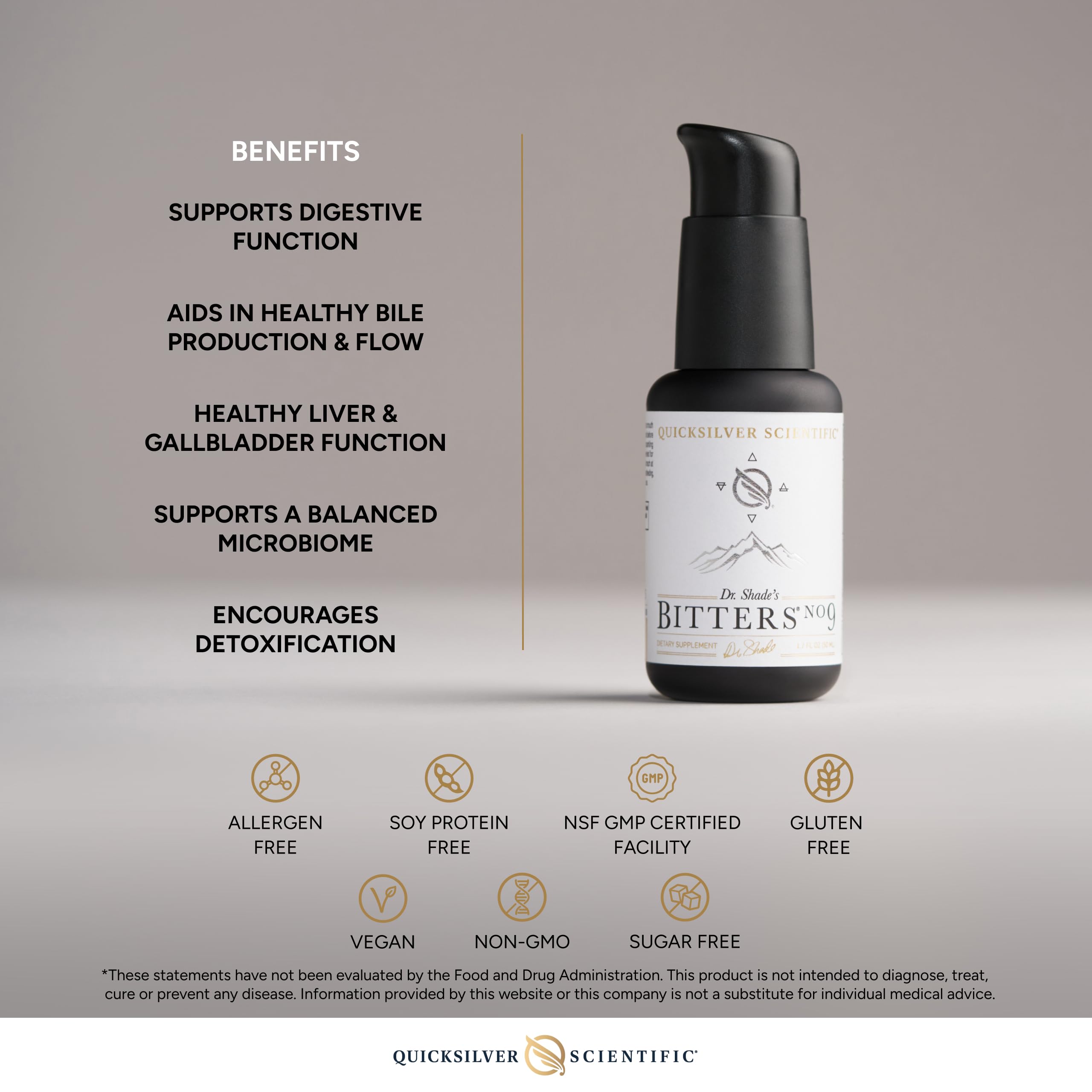 Quicksilver Dr. Shade's Bitters No. 9 ingredient map highlighting herbs and essential oils