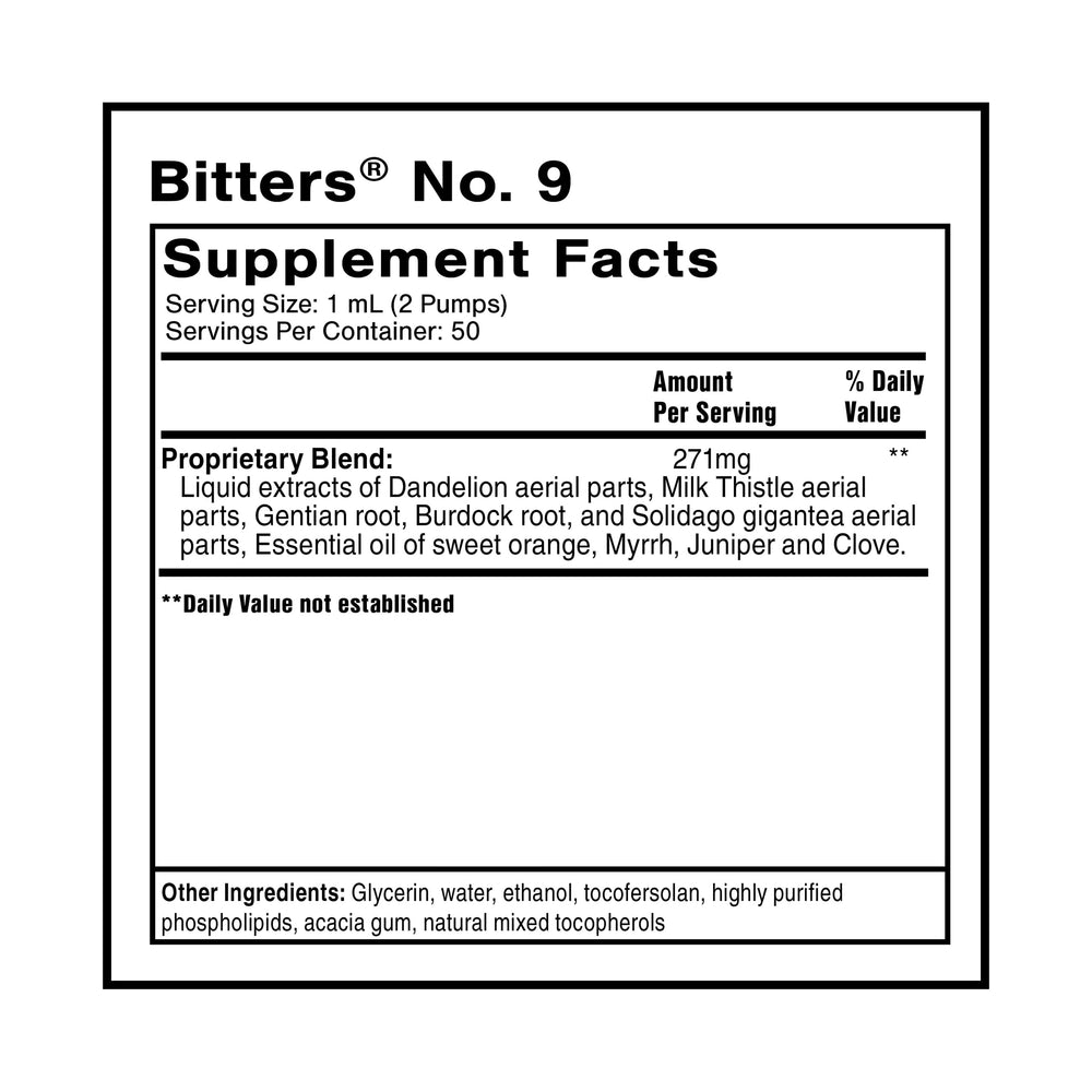 Quicksilver Dr. Shade's Bitters No. 9 label close-up showing nine herb blend