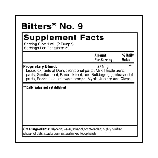Quicksilver Dr. Shade's Bitters No. 9 label close-up showing nine herb blend