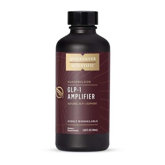 Quicksilver GLP-1 Amplifier bottle showing label for daily GLP-1 support and balance.