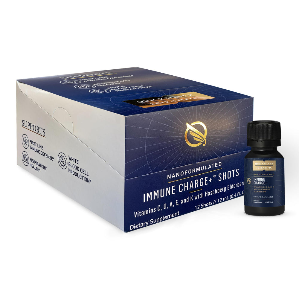 Quicksilver Immune Charge+ bottle front with elderberry and vitamins for daily immune support.