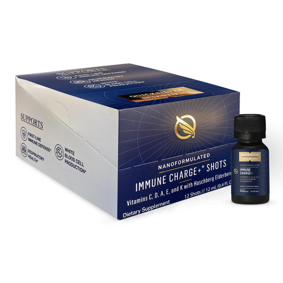 Quicksilver Immune Charge+ bottle front with elderberry and vitamins for daily immune support.