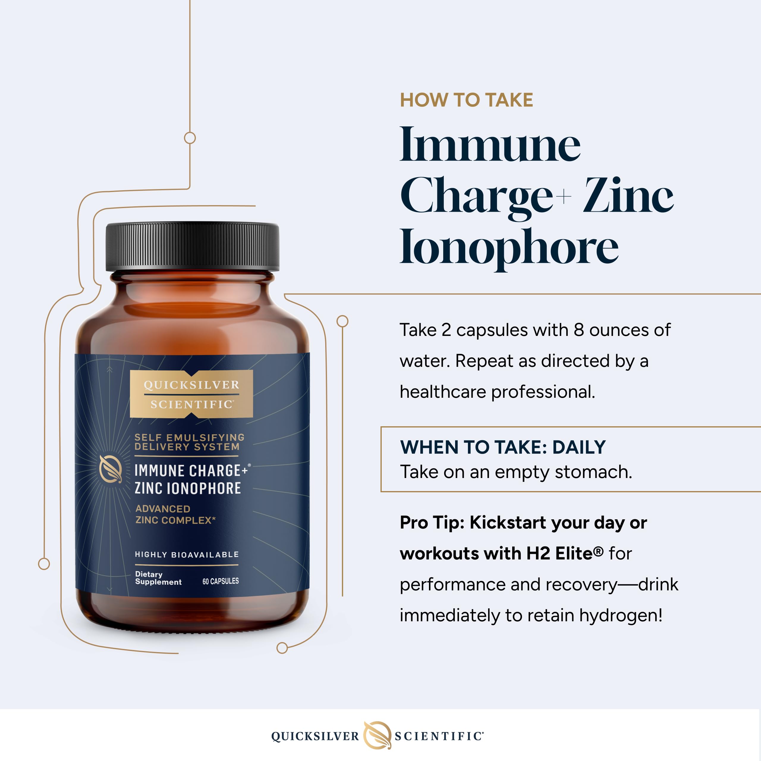 Quicksilver Immune Charge dosage guidance image indicates a 2-softgel daily option