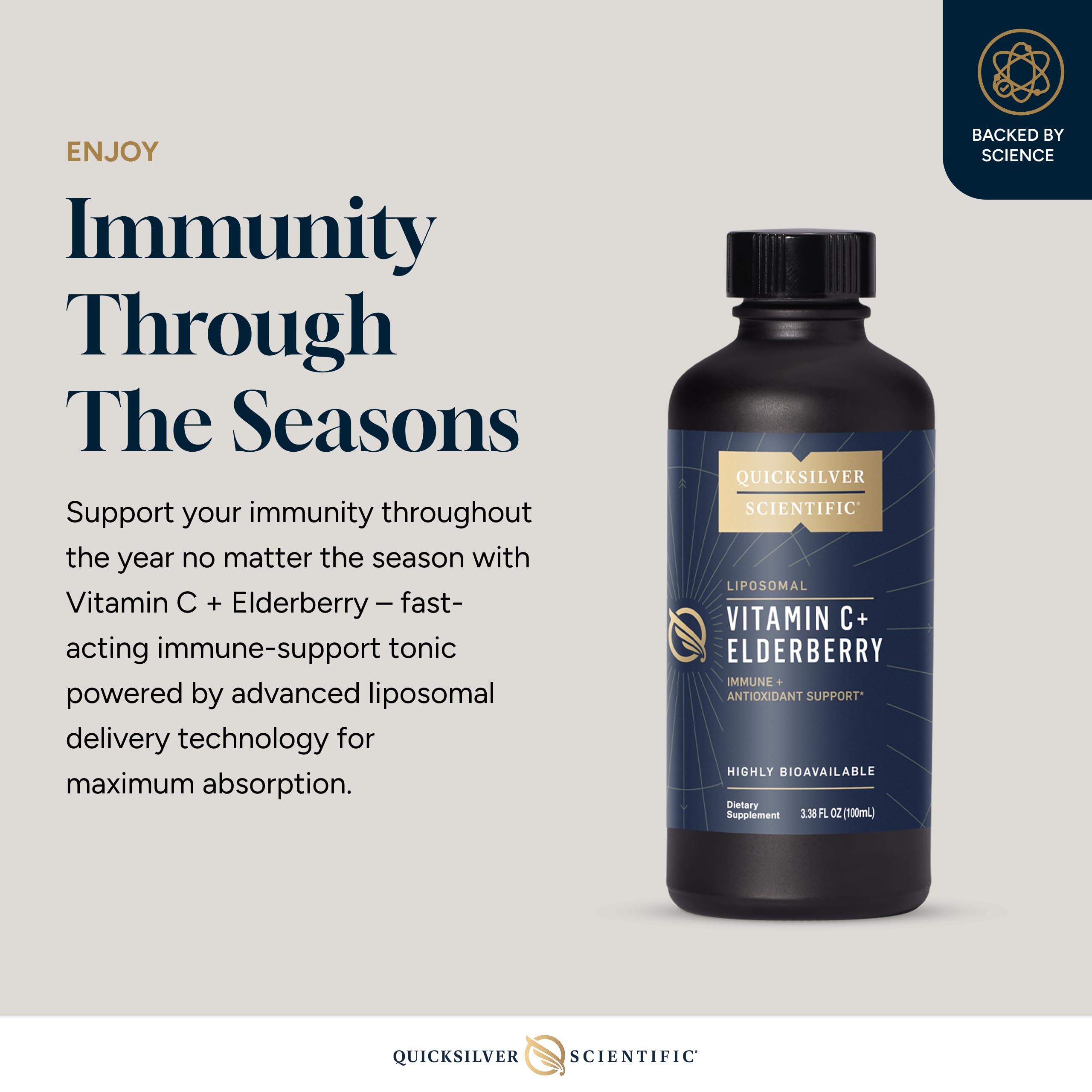Quicksilver Scientific liposomal C elderberry liquid image emphasizing smooth texture