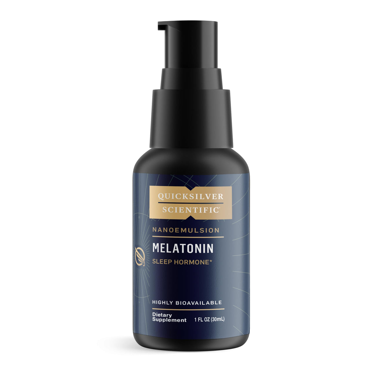 Quicksilver Liposomal Melatonin bottle pour highlights fast uptake for bedtime support.